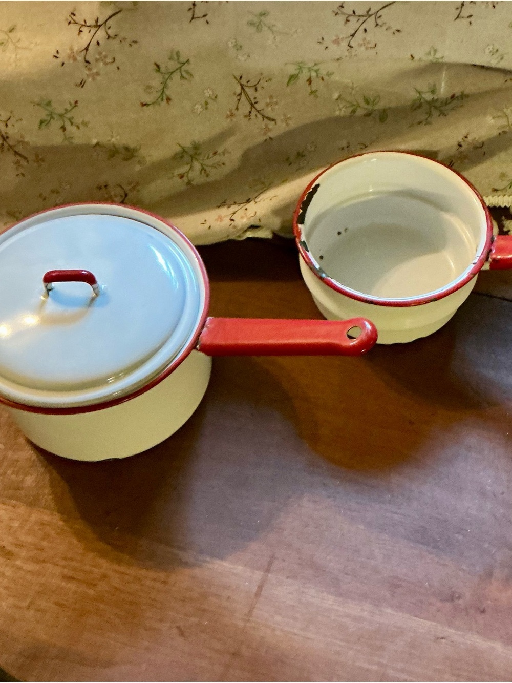 Classic vintage Red and Cream Enamel Saucepan Set